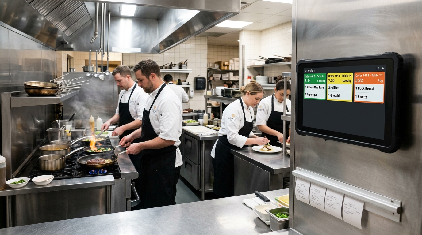 OrderVaani Digital Kitchen Display System KDS touchscreen in commercial restaurant kitchen