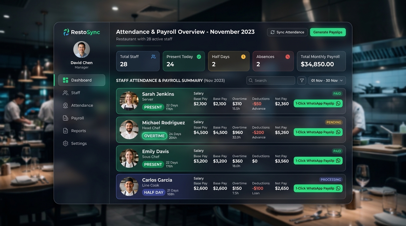 OrderVaani Restaurant Staff Attendance & Payroll Dashboard with automated salary calculations and WhatsApp payslips